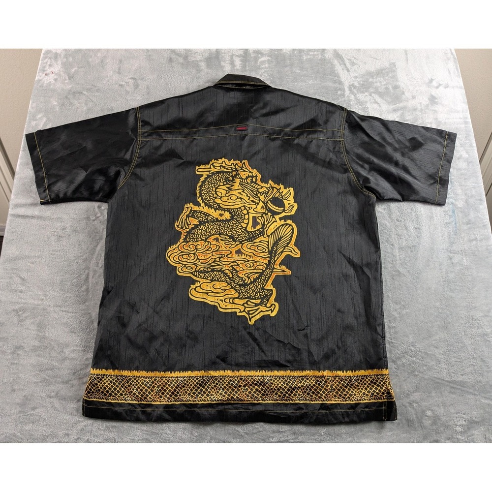 VTG FUBU Shirt Men XL Metallic Dragon Satin Short Sleeve Loop Collar Y2K READ